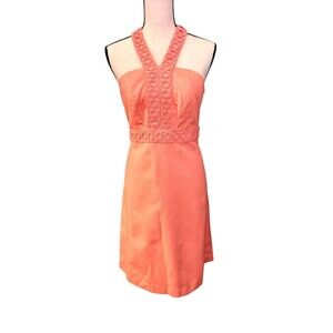 Peach Halter A Line Dress Lace Crochet Neck Summer Coral Size 8